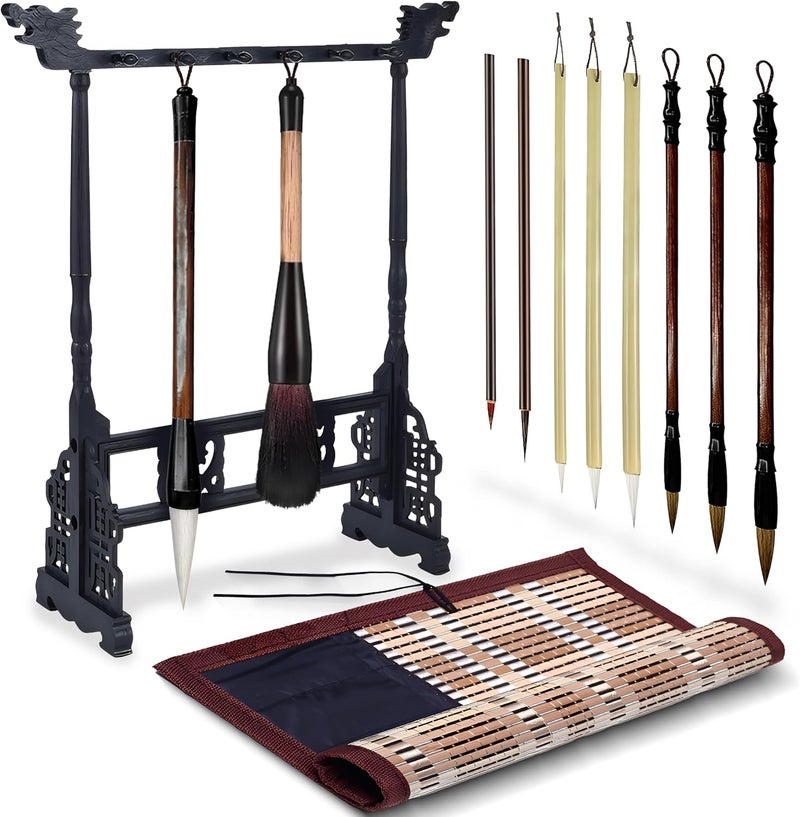 SABLUE Japanese Chinese Calligraphy Brush Set - Includes 10 Brushes, Roll-Up Bamboo Holder and Brush Stand, Perfect for Calligraphy, Sumi Painting, and Creative Art Projects S0048 - Image 1